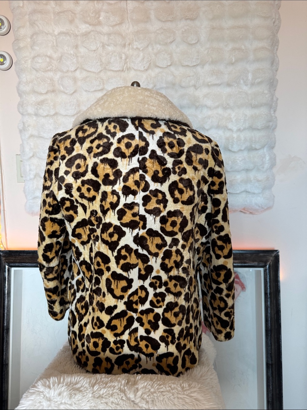 Leopard Print Faux Fur Coat with Shearling Collar - Women's - Picture 5 of 11